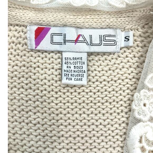 Chaus Vintage Ivory Cream Cardigan Sweater with Embroidered Floral Collar-Small - Picture 8 of 10